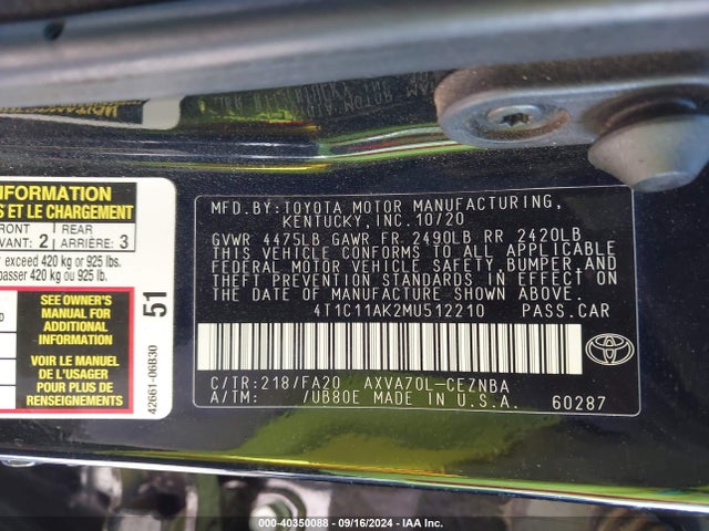 Toyota CAMRY LE 2021 4T1C11AK2MU512210 Image 9
