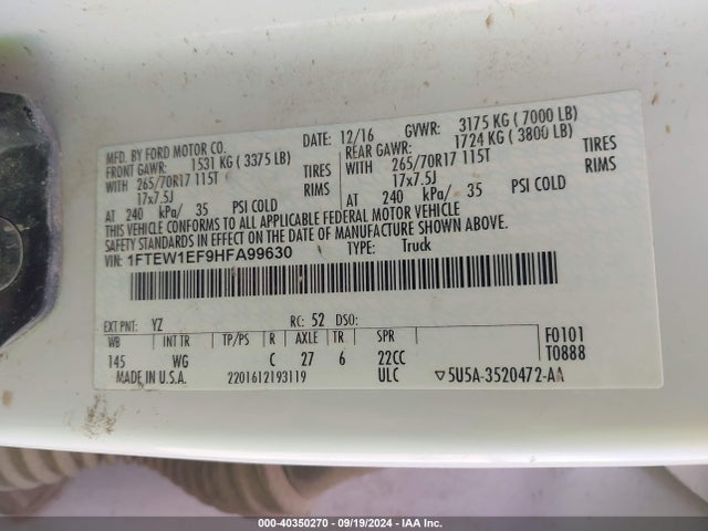 Ford F-150 Xl 2017 1FTEW1EF9HFA99630 Image 9