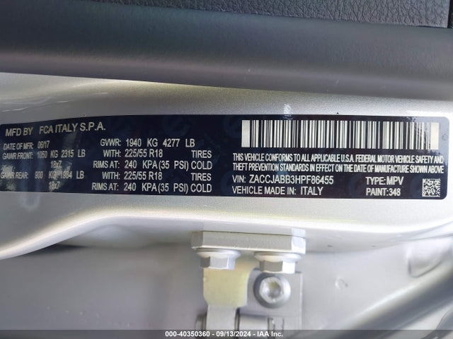 ZACCJABB3HPF86455 Jeep Renegade Altitude Fwd