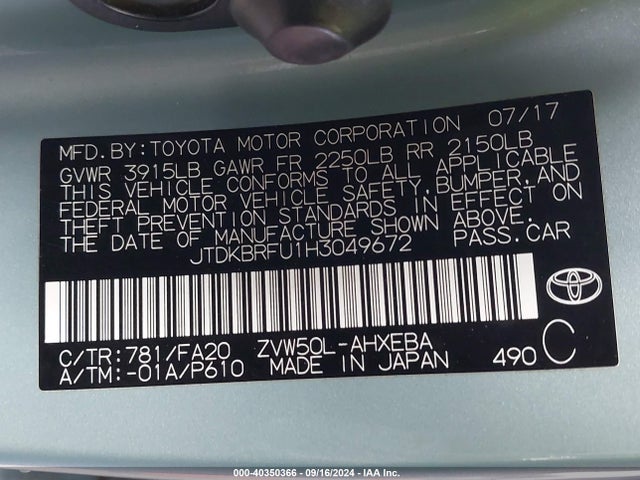 Toyota Prius Two 2017 JTDKBRFU1H3049672 Image 9