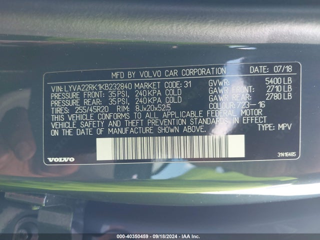 LYVA22RK1KB232840 Volvo Xc60 T6 Momentum