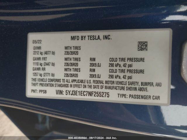5YJ3E1EC7NF255275 Tesla Model 3 Performance Dual Motor All-wheel Drive