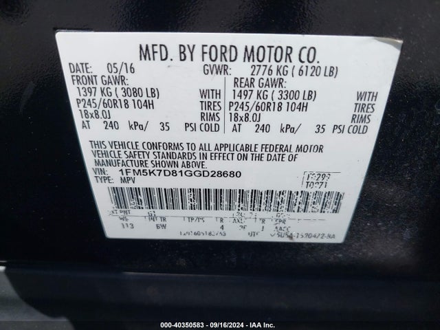 Ford EXPLORER XLT 2016 1FM5K7D81GGD28680 Image 9