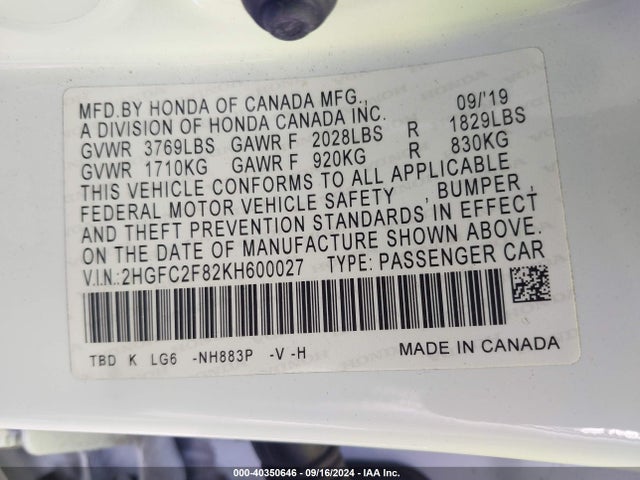 Honda Civic Sport 2019 2HGFC2F82KH600027 Image 9