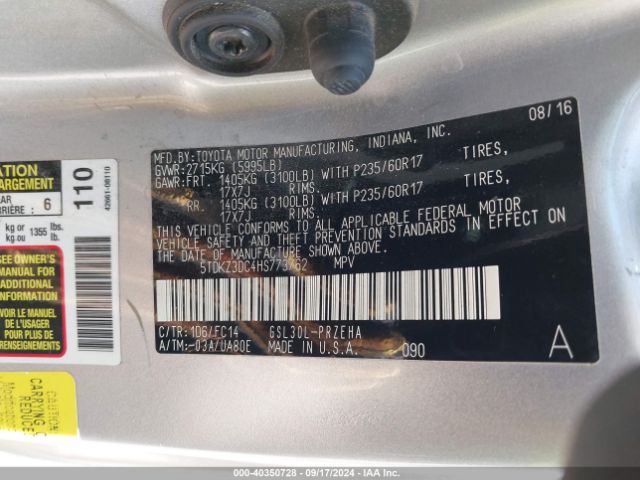 5TDKZ3DC4HS773762 Toyota Sienna Le 8 Passenger