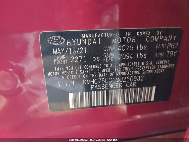 KMHC75LC1MU260932 Hyundai Ioniq Hybrid Se