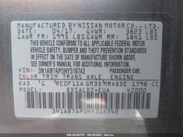 3N1AB7AP0HY318742 Nissan SENTRA SV