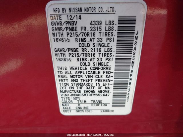 JN8AS5MT9FW652447 Nissan Rogue Select S