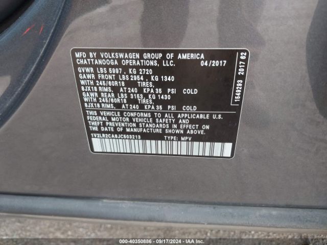 1V2LR2CA8JC503213 Volkswagen Atlas 3.6l V6 Se/3.6l V6 Se W/technology