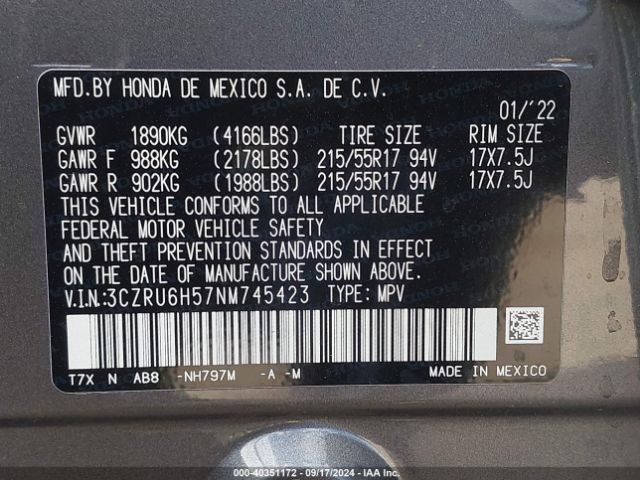 3CZRU6H57NM745423 Honda Hr-v Awd Ex