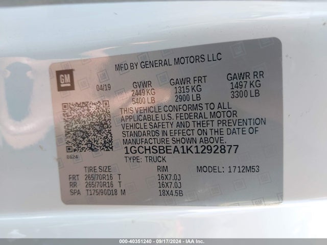 1GCHSBEA1K1292877 Chevrolet Colorado Wt
