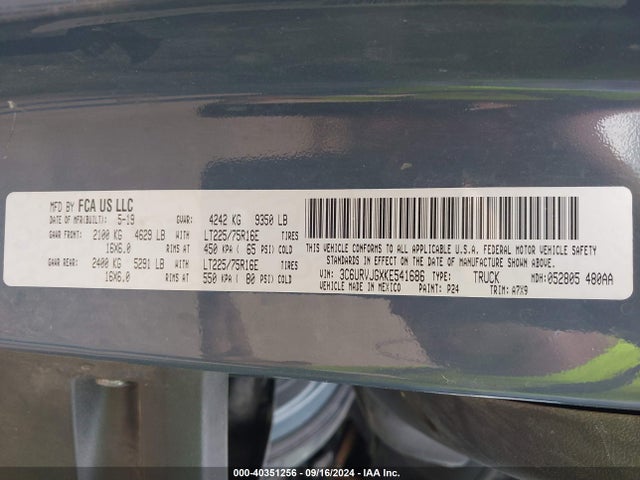 3C6URVJGXKE541686 RAM Promaster 3500 Cargo Van High Roof 159 Wb Ext