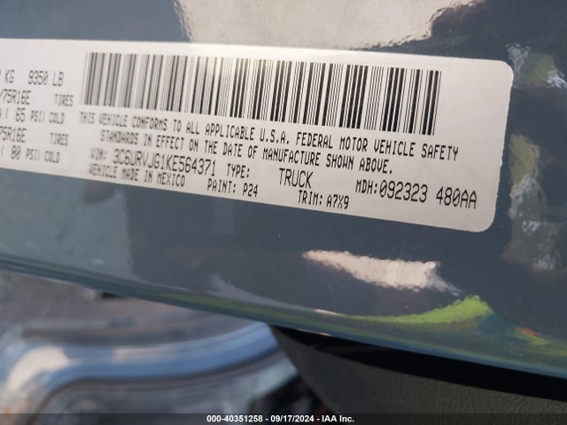 3C6URVJG1KE564371 RAM Promaster 3500 Cargo Van High Roof 159 Wb Ext