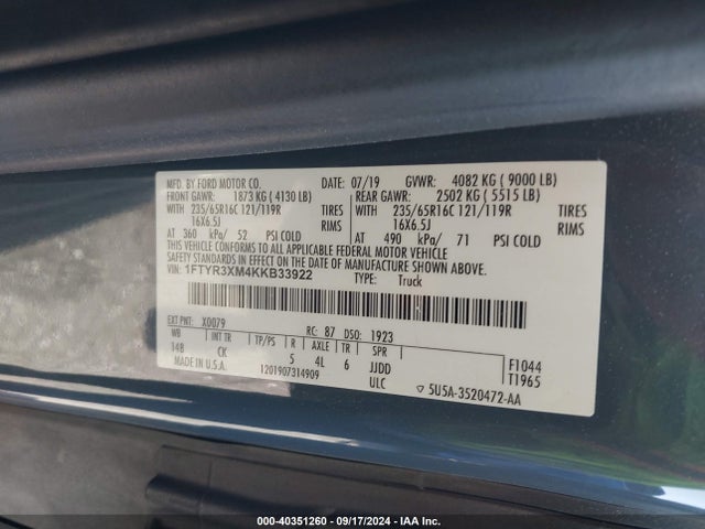 Ford Transit-250 2019 1FTYR3XM4KKB33922 Image 8