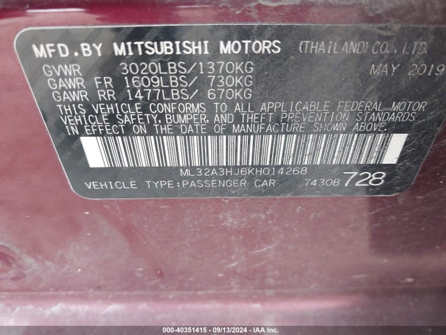 Mitsubishi MIRAGE ES 2019 ML32A3HJ6KH014268 Image 9