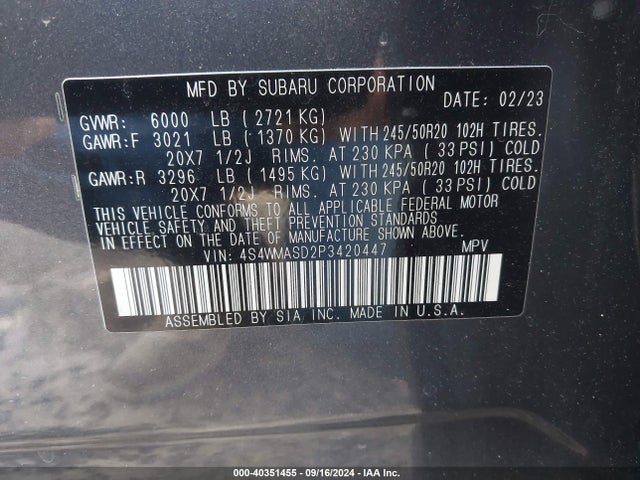 4S4WMASD2P3420447 Subaru Ascent Limited 7-passenger