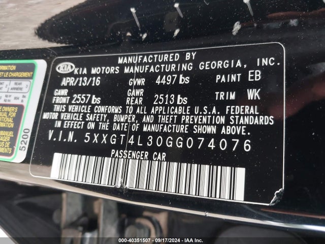 KIA Optima Lx 2016 5XXGT4L30GG074076 Image 9