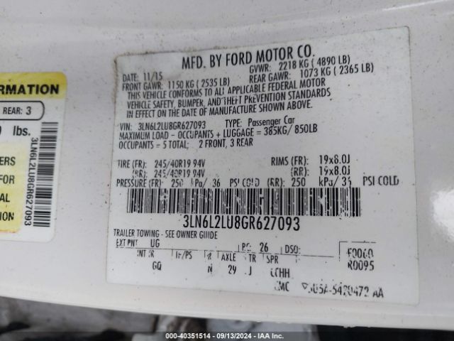 3LN6L2LU8GR627093 Lincoln MKZ HYBRID