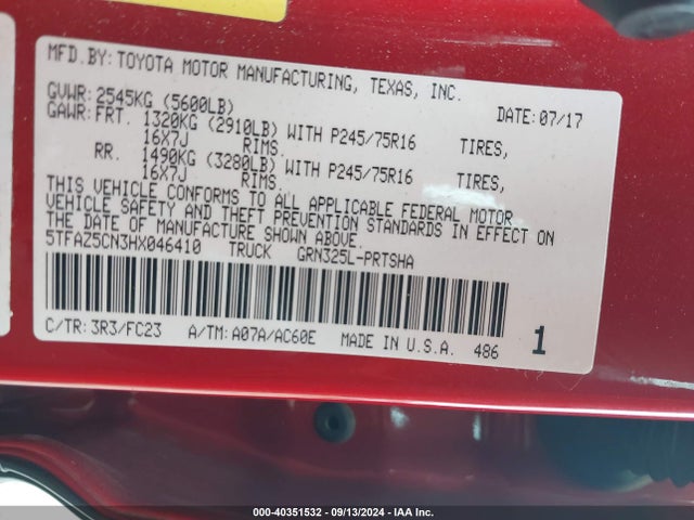 Toyota Tacoma Sr5 V6 2017 5TFAZ5CN3HX046410 Image 9