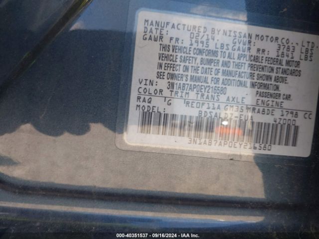 3N1AB7AP0EY216580 Nissan Sentra Fe+ S/fe+ Sv/s/sl/sr/sv