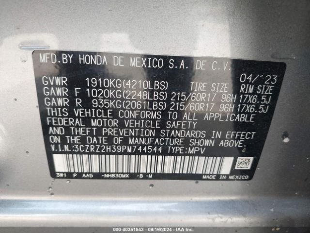 3CZRZ2H39PM744544 Honda Hr-v Awd Lx