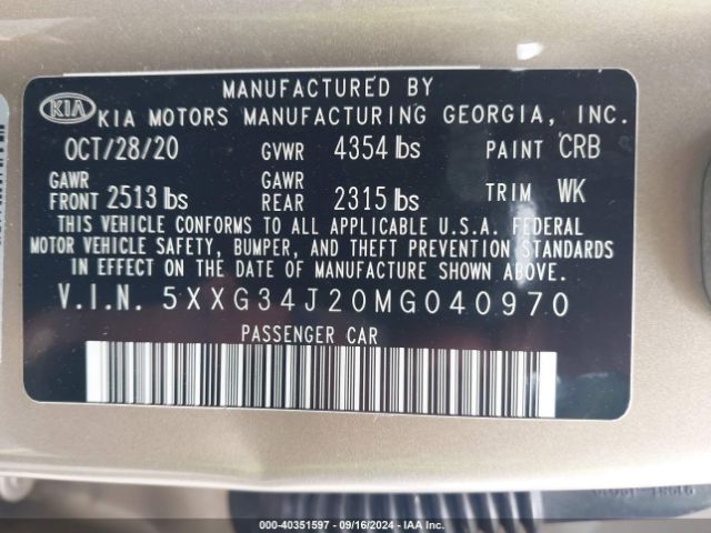 5XXG34J20MG040970 KIA K5 EX