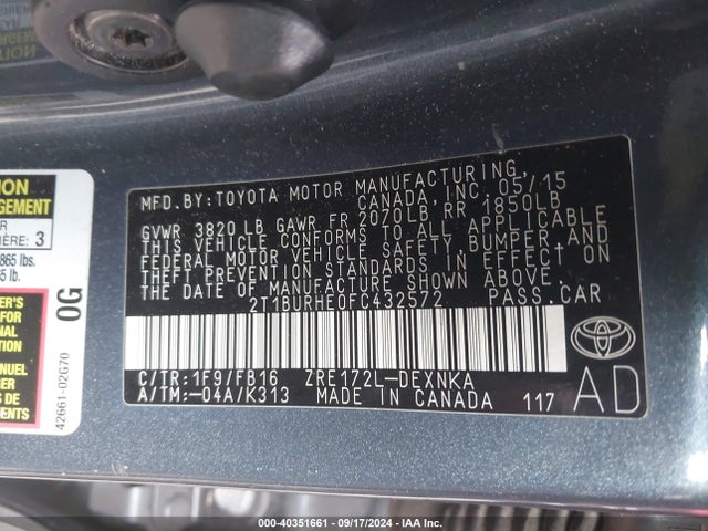 Toyota COROLLA LE 2015 2T1BURHE0FC432572 Image 9