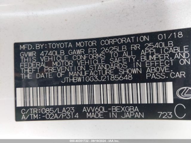 JTHBW1GG3J2185648 Lexus ES 300H