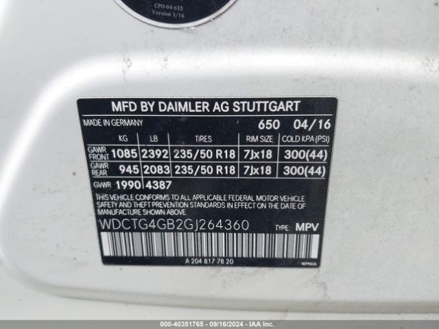 WDCTG4GB2GJ264360 Mercedes-Benz Gla 250 4matic