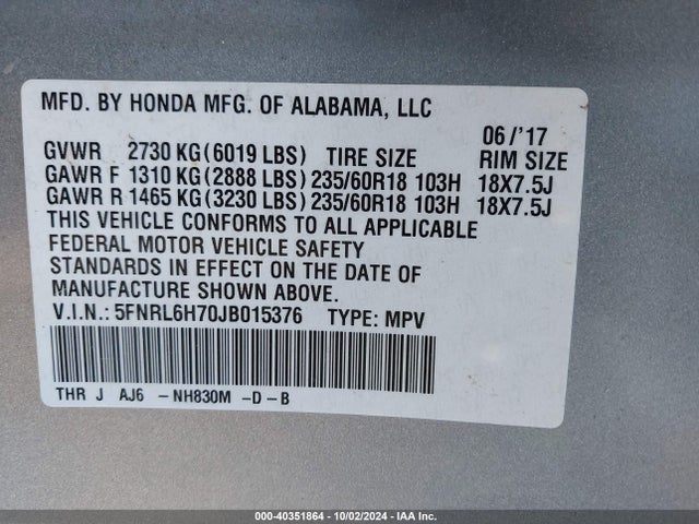 Honda Odyssey Ex-l 2018 5FNRL6H70JB015376 Image 9