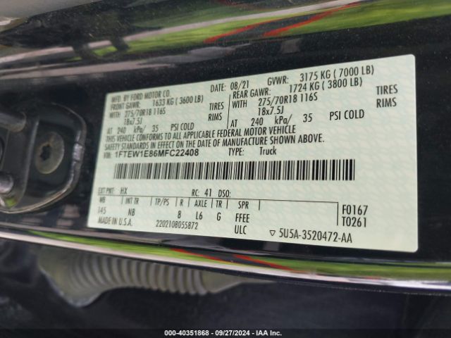 1FTEW1E86MFC22408 Ford F-150 Tremor