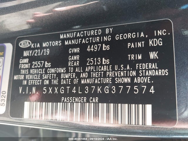 5XXGT4L37KG377574 KIA Optima S