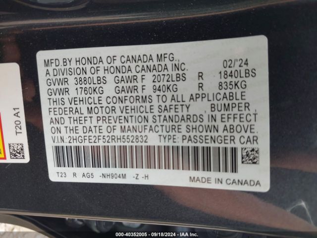 2024 HONDA CIVIC 2HGFE2F52RH552832 Photo 8