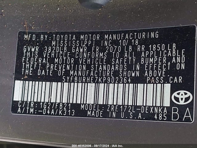 Toyota COROLLA LE 2019 5YFBURHE7KP902364 Image 9