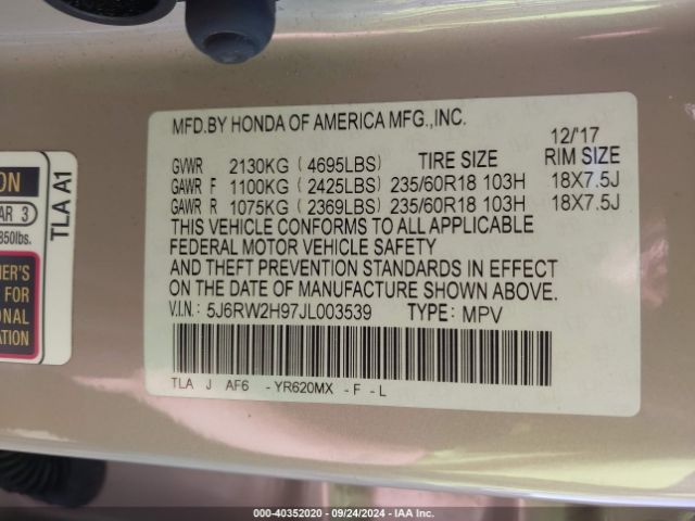 5J6RW2H97JL003539 Honda Cr-v Touring