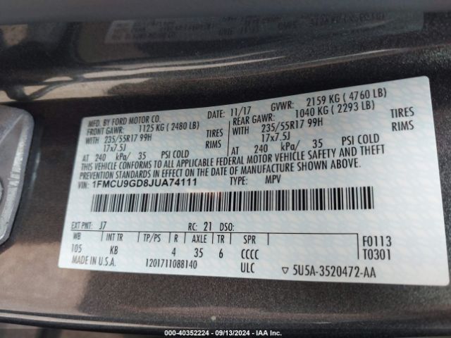 1FMCU9GD8JUA74111 Ford ESCAPE SE