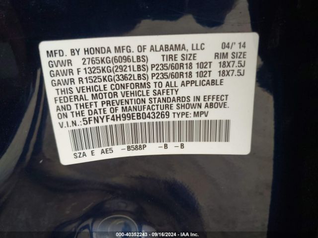 5FNYF4H99EB043269 Honda Pilot Touring
