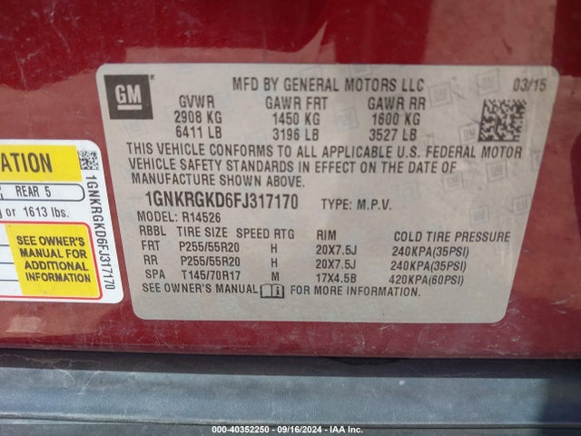 Chevrolet Traverse 1lt 2015 1GNKRGKD6FJ317170 Image 9