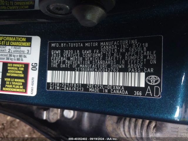 2T1BURHE4JC042762 Toyota COROLLA LE