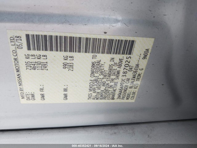 Nissan Maxima 3.5 Sl 2018 1N4AA6AP0JC387025 Image 9