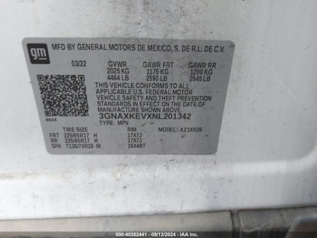 3GNAXKEVXNL201342 Chevrolet Equinox Fwd Lt