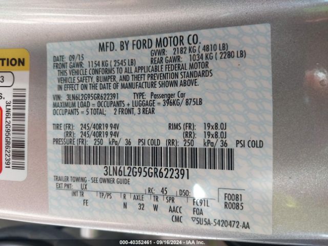 3LN6L2G95GR622391 Lincoln MKZ