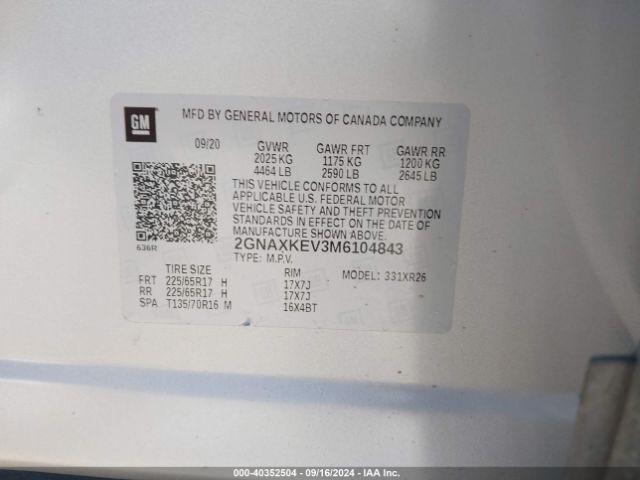 2GNAXKEV3M6104843 Chevrolet Equinox Fwd Lt