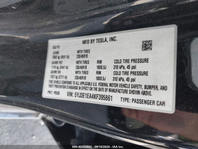 5YJ3E1EA4KF395861 Tesla Model 3 Long Range/mid Range/standard Range/standard Range Plus