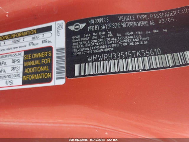 2005 MINI COOPER S WMWRH33515TK55610 Photo 8