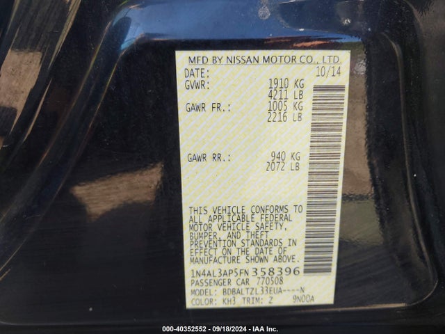 Продаж на аукціоні авто 2015 Nissan Altima 2.5 Sl, vin: 1N4AL3AP5FN358396, номер лоту: 40352552