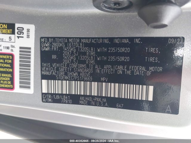 5TDERKEC7PS179669 Toyota Sienna Platinum