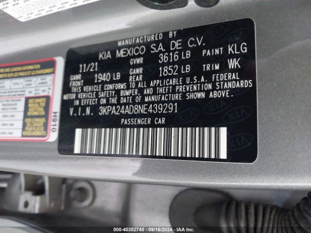 3KPA24AD8NE439291 KIA RIO S
