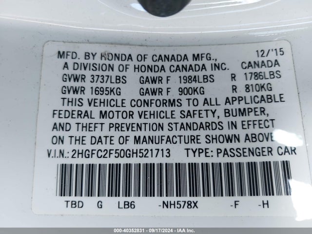 Honda Civic Lx 2016 2HGFC2F50GH521713 Image 9