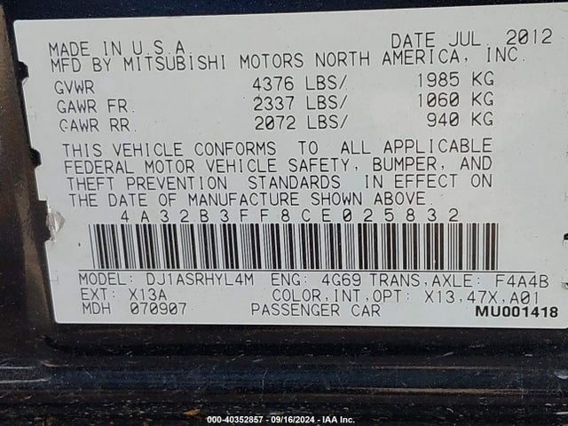 2012 MITSUBISHI GALANT 4A32B3FF8CE025832 Photo 8